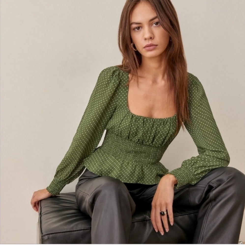 Reformation Hearth Long Sleeve Square Neck Smocked Blouse Top 8 Green